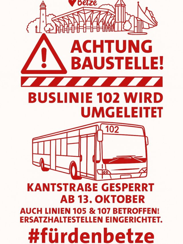🚧 Achtung Baustelle auf dem Betze! ❤️🚌

Ab 13. Oktober wird die Kantstraße zwischen dem Schulzentrum Süd und dem St.-Quentin-Ring gesperrt.
Die Buslinie 102 wird umgeleitet – auch die Linien 105 & 107 sind betroffen.

Ersatzhaltestellen sind eingerichtet.
Wir halten euch auf dem Laufenden! 🌹

#fürdenbetze #kaiserslautern #betzenberg #verkehr #buslinie102 #swk #baustelle #spdkL #lauternbleibtrot
#fürlautern #fürdenbetze #fürdich